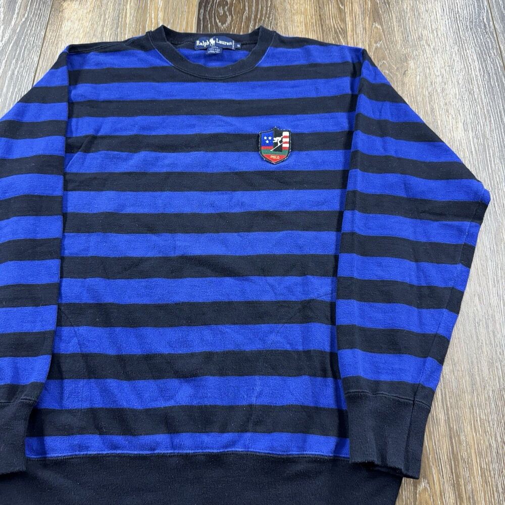 Vintage Polo Ralph Lauren Sweatshirt Mens S Blue Black Striped Suicide Ski 80s